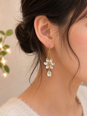 Gold Floral Crystal Drop Earrings Women Jewelry